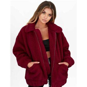 Women's Sherpa Fleece Faux Fur Trendy Jackets Red
